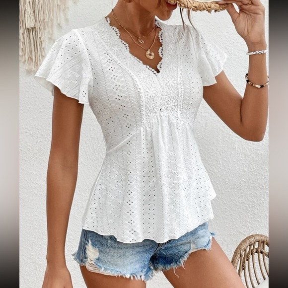 Boho White Eyelet Embroidery Mesh Lace Peplum Top Blouse Shirt - Picture 4 of 7